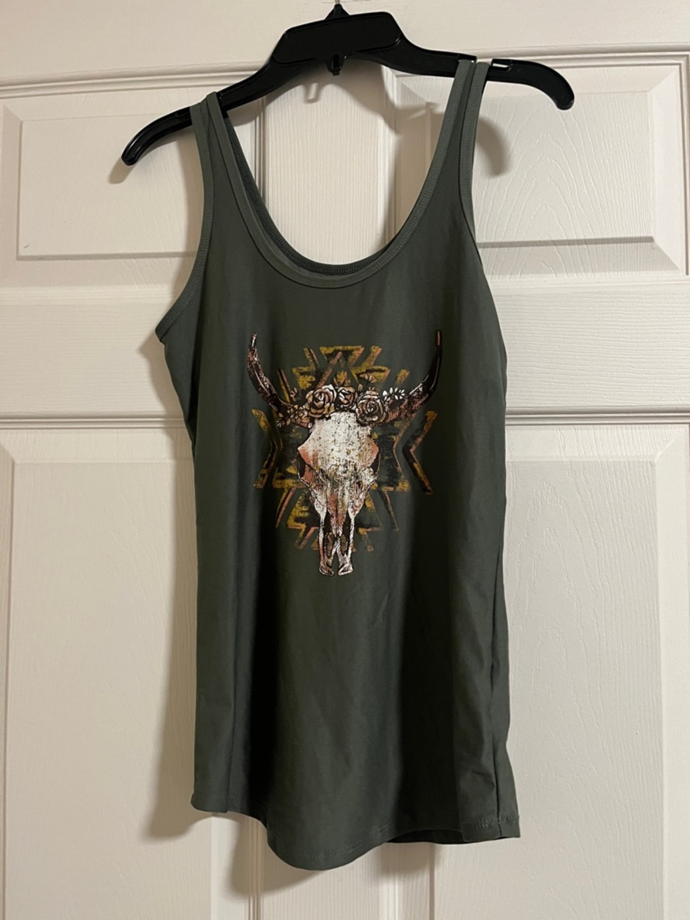 NOBO Olive Green Graphic Skull Tank with Floral Accent